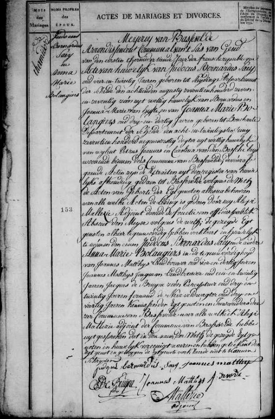 Marriage of Judocus Bernardus Saey and Anna Marie Bolangiers, Bassevelde, 1 Thermidor year X (20 July 1802)