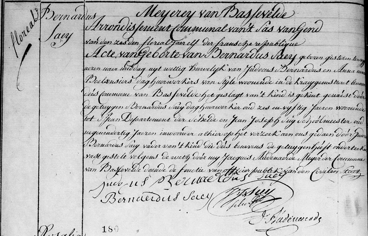 Birth of Bernardus Saey, son of Judocus Bernardus and Anna Marie Boelensiers, Bassevelde, 6 Floréal year XI (26 April 1803)