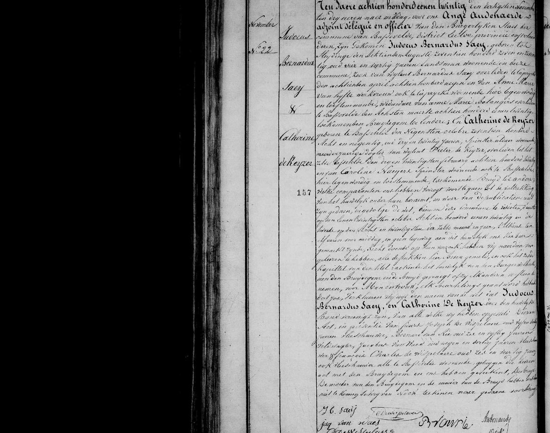 Second marriage of Judocus Bernardus Saey, widower, to Catherine de Keyzer, Bassevelde, 30 November 1821
