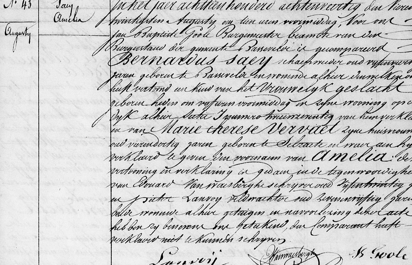 Geboorte van Amelia Saey 'in zyne wooning op den Dyk, Sectie J nummero twee en zeventig', Bassevelde, 24 augustus 1848