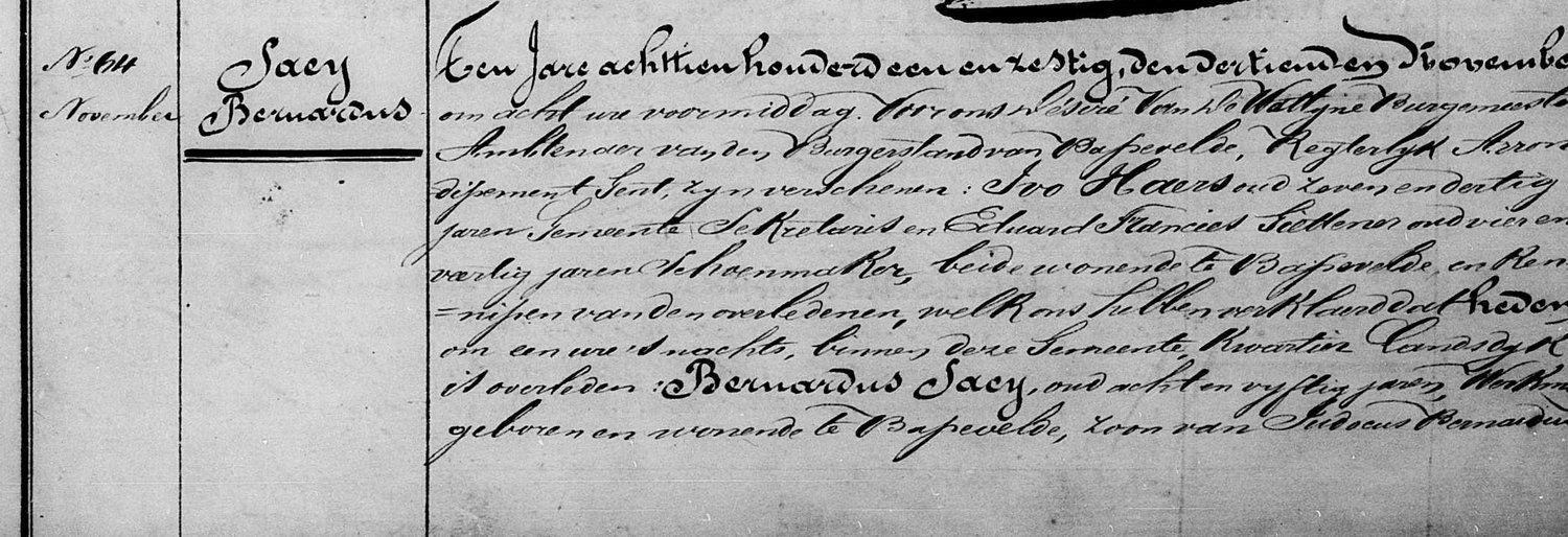 Overlijden van Bernardus Saey, dagloner, in de wijk Landsdyk te Bassevelde, 13 november 1861 (eerste bladzijde van de akte)