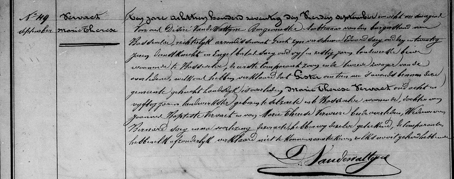 Overlijden van Marie Therese Vervaet, weduwe van Bernard Saey, op den Landdyk te Bassevelde, 3 september 1870, aangegeven door haar zoon Eduard