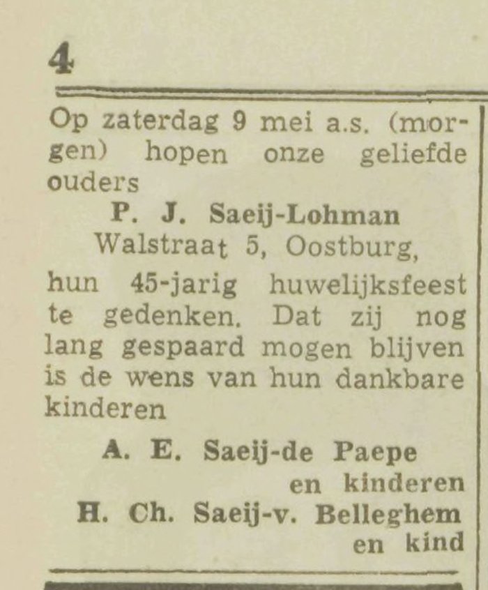 Aankondiging van het 45-jarig huwelijk van P. J. Saeij-Lohman, Walstraat 5, Oostburg, de Stem, 8 mei 1959