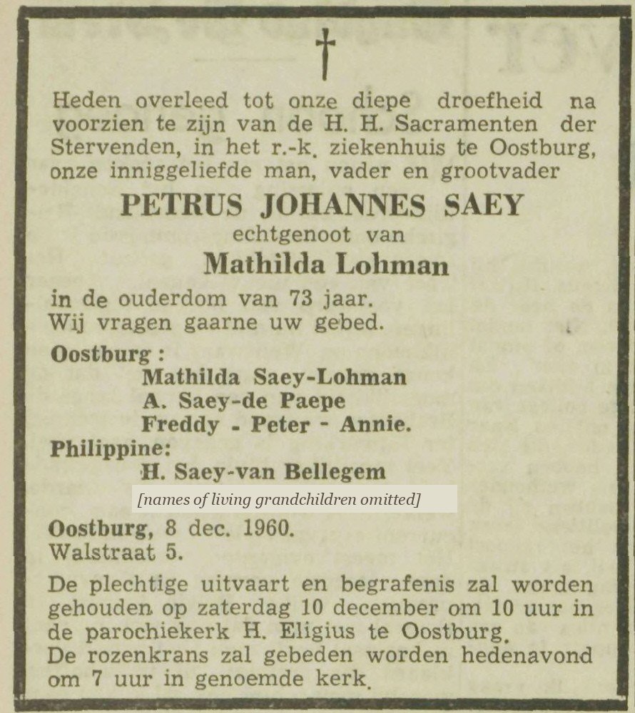 Overlijdensadvertentie van Petrus Johannes Saey, echtgenoot van Mathilda Lohman, de Stem, 9 december 1960 (één regel met namen door ons afgedekt)