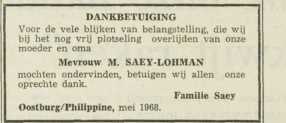 Dankbetuiging na het overlijden van mevrouw M. Saey-Lohman, de Stem, 29 mei 1968