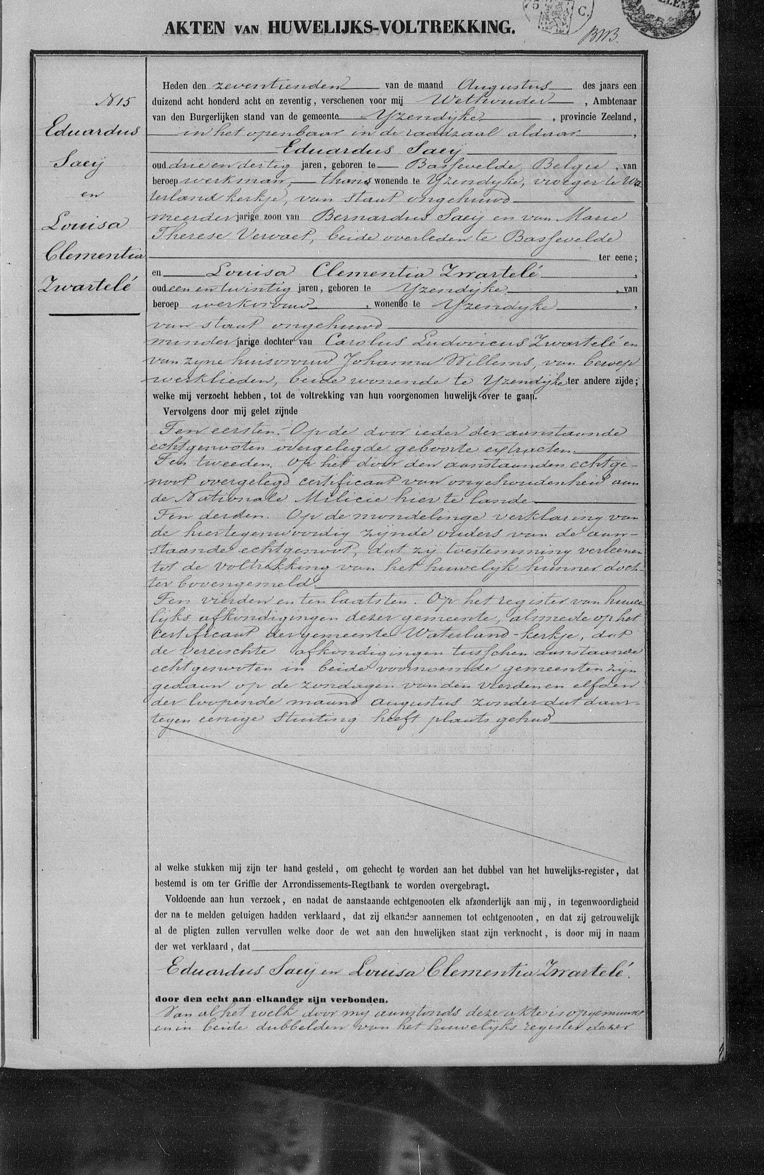 Huwelijk van Eduardus Saey, geboren te Bassevelde in België, en Louisa Clementia Zwartelé, IJzendijke, 17 augustus 1878