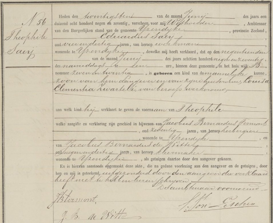 Geboorte van Theophile Saeij 'in het huis wijk B nommer zeven en twintig', IJzendijke, 19 juni 1879; de vader 'had niet leeren schryven'