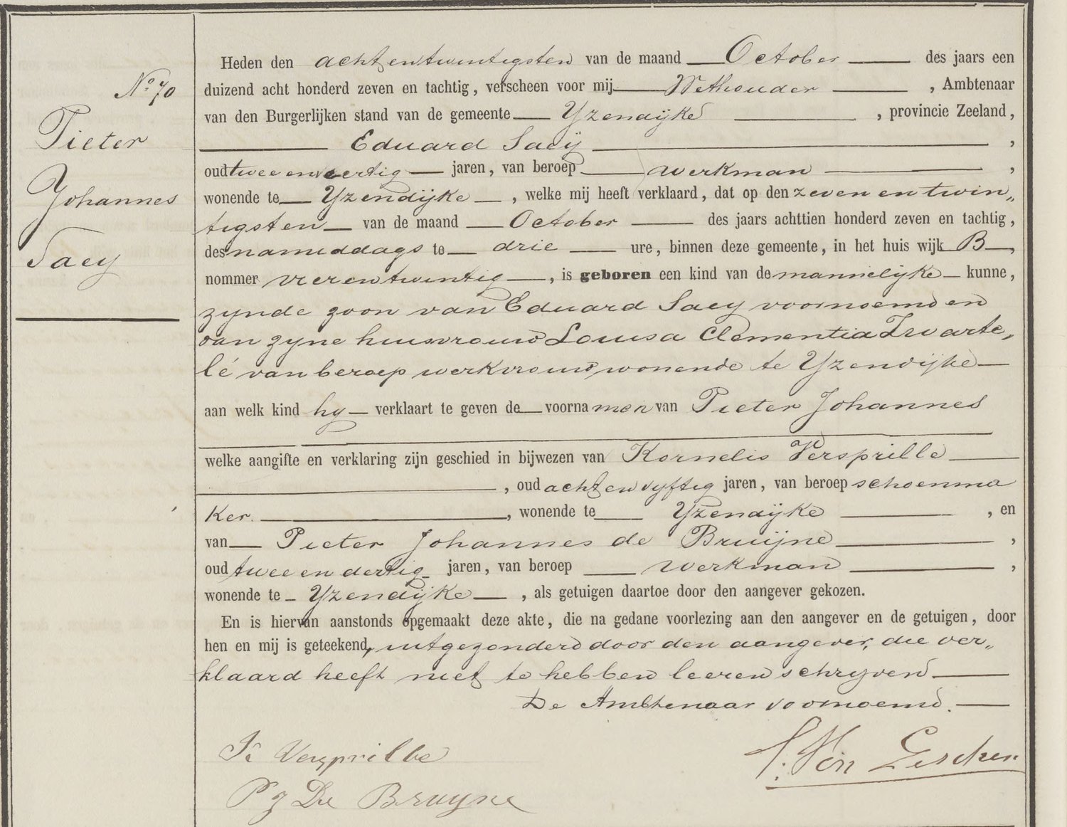 Geboorte van Pieter Johannes Saey, zoon van Eduard Saey en Louisa Clementia Zwartelé, in het huis wijk B nummer 24, IJzendijke, 27 oktober 1887