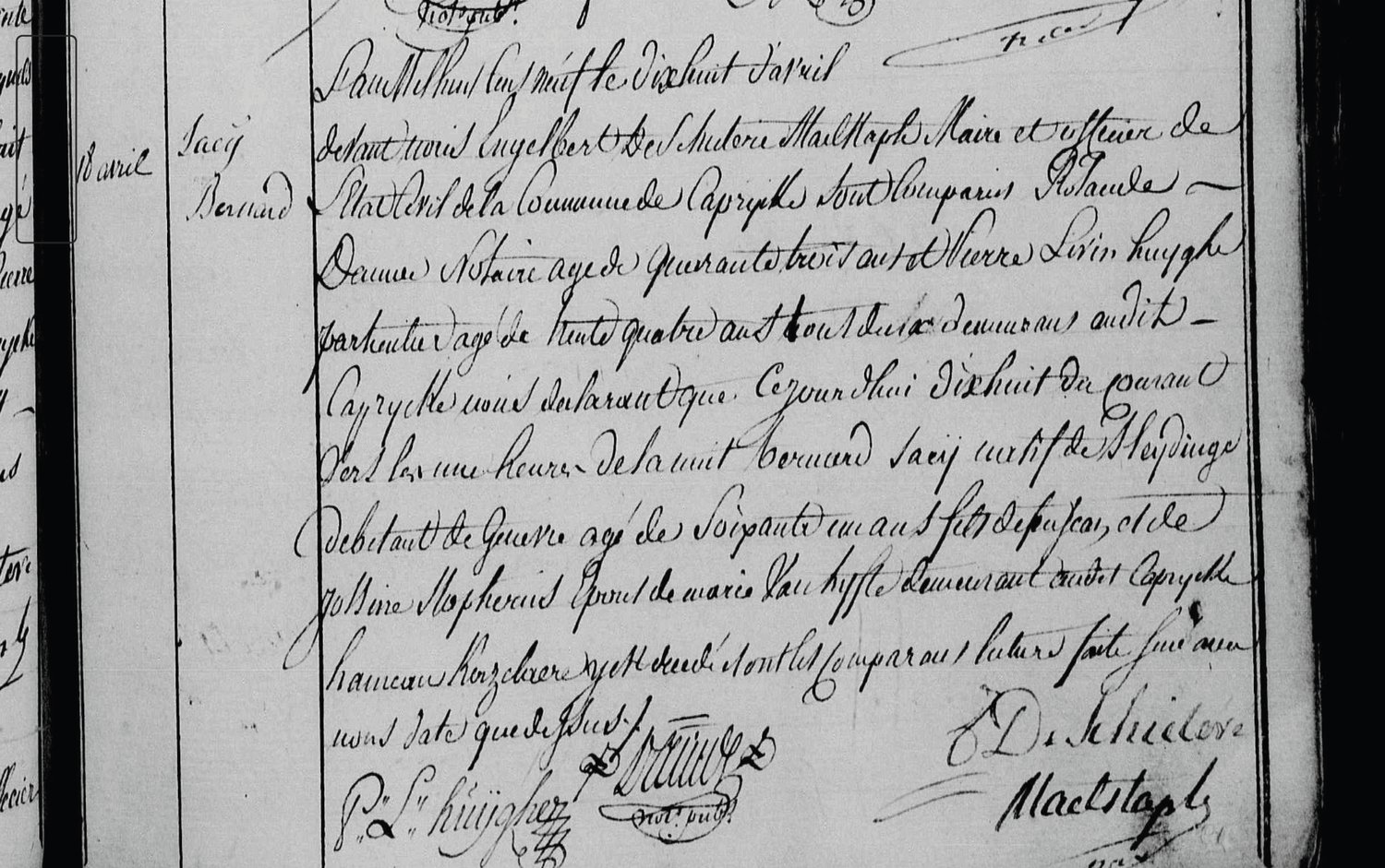 Overlijden van Bernard Saeij, geboortig van Sleidinge, jeneververkoper, 61 jaar oud, Kaprijke, 18 april 1809