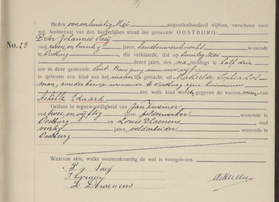 Geboorte van Achille Eduard Saeij, zoon van Pieter Johannes Saeij, landbouwersknecht, en Mathielde Sophia Lohman, Sint Baafsgang nummer 5, Oostburg, 20 mei 1915