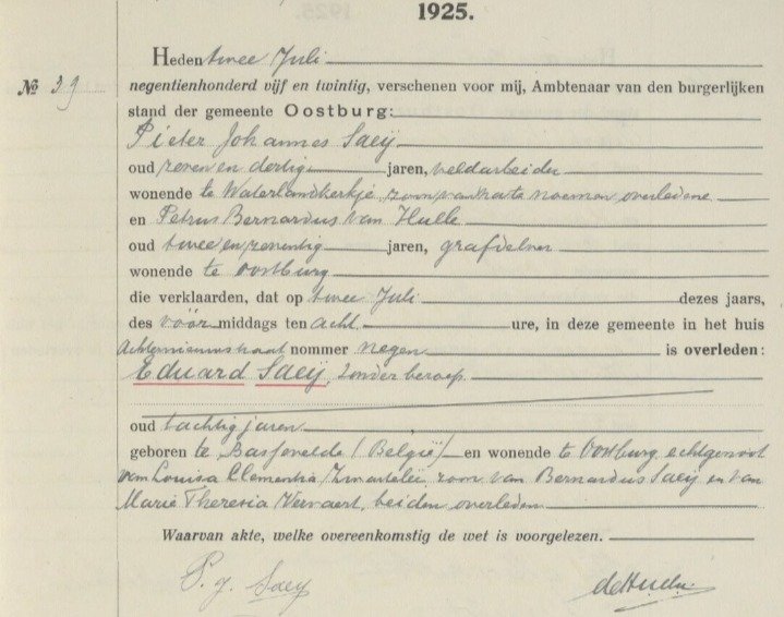 Overlijden van Eduard Saey, tachtig jaar oud, geboren te Bassevelde (België), op huisnummer 9, Oostburg, 2 juli 1925, aangegeven door zijn zoon Pieter Johannes