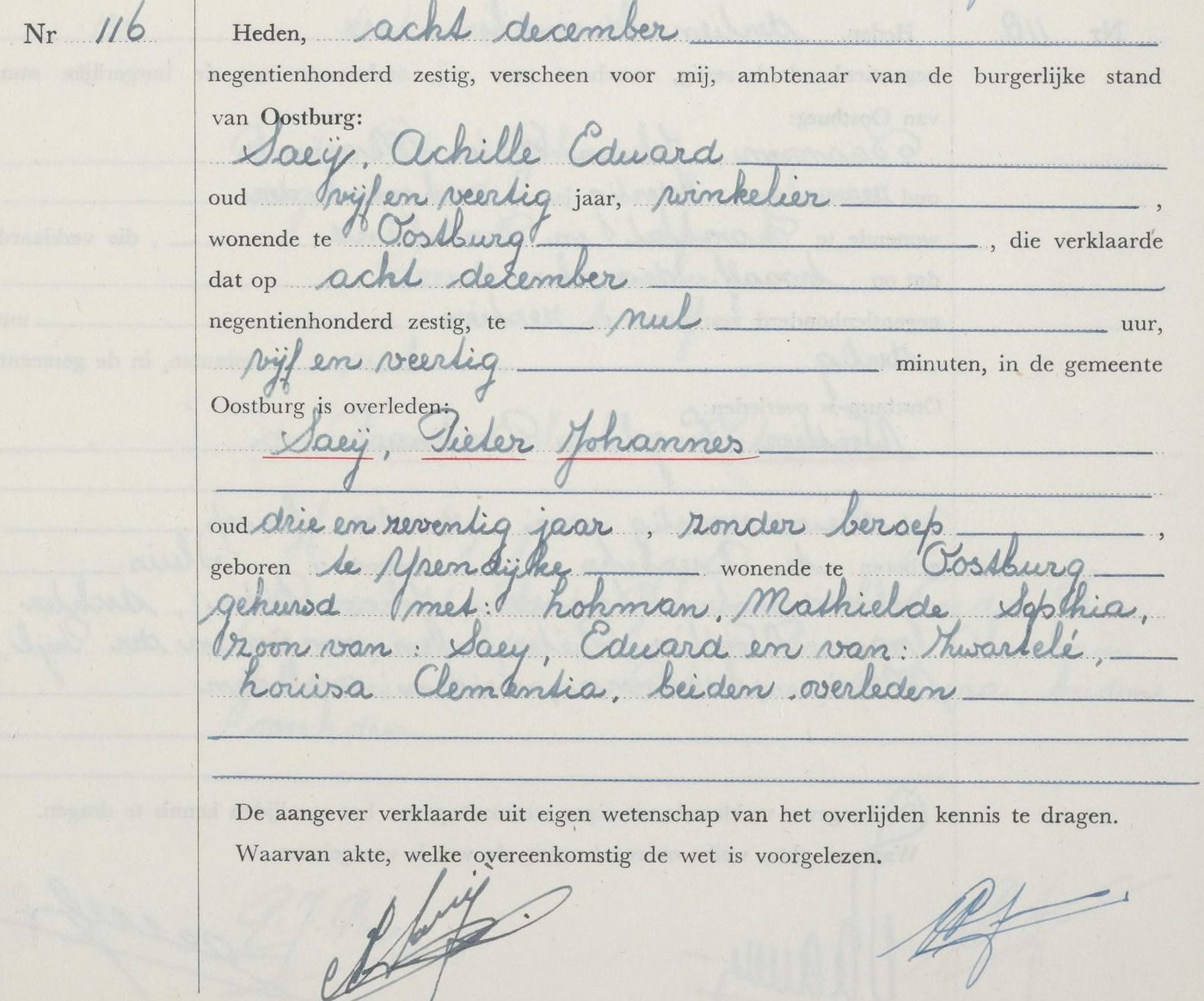 Overlijden van Pieter Johannes Saeij, aangegeven door zijn zoon Achille Eduard Saeij, winkelier, Oostburg, 8 december 1960