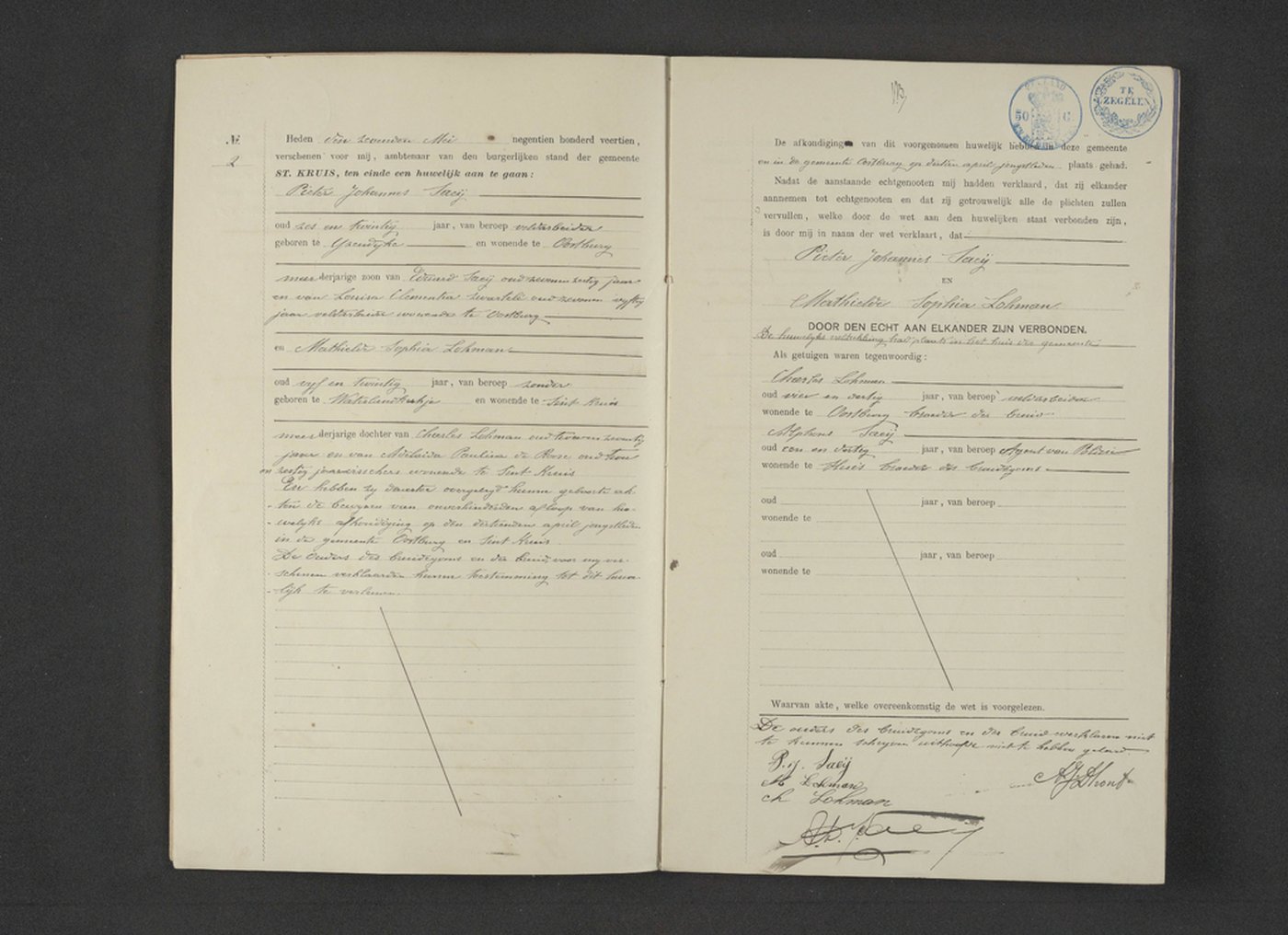 Huwelijk van Pieter Johannes Saeij en Mathielde Sophia Lohman, Sint Kruis, 7 mei 1914; getuige Alphons Saeij, politieagent, broer van de bruidegom
