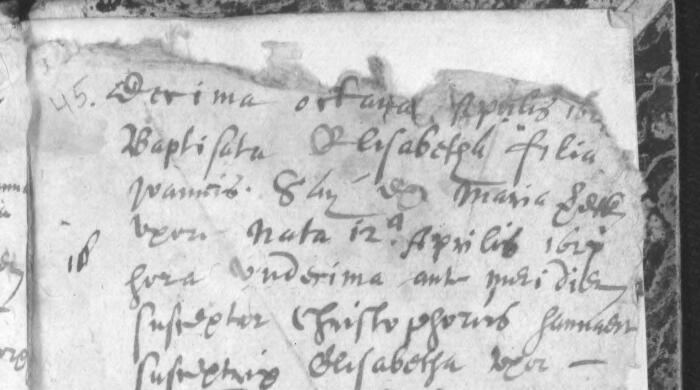 Doop van Elisabetha, dochter van Joannes Say, Sleidinge, 18 april 1627 (tweede doopboek)