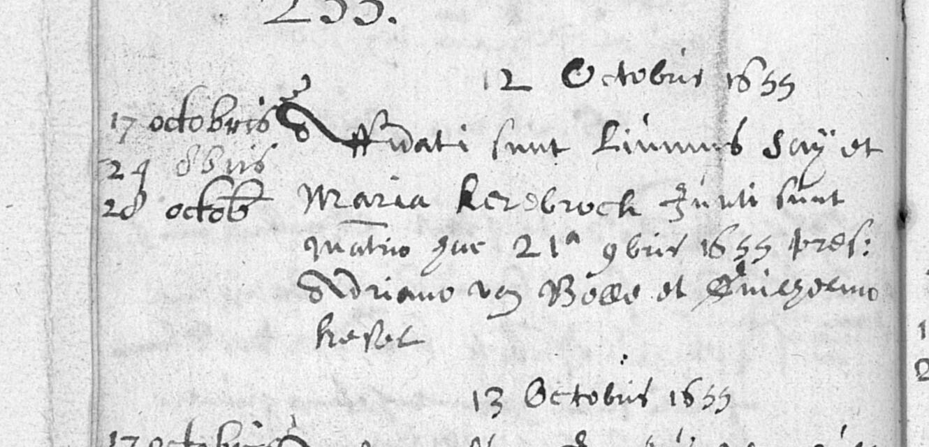 Ondertrouw en huwelijk van Livinus Saij en Maria Kerbrock, Sleidinge, 12 oktober en 21 november 1655