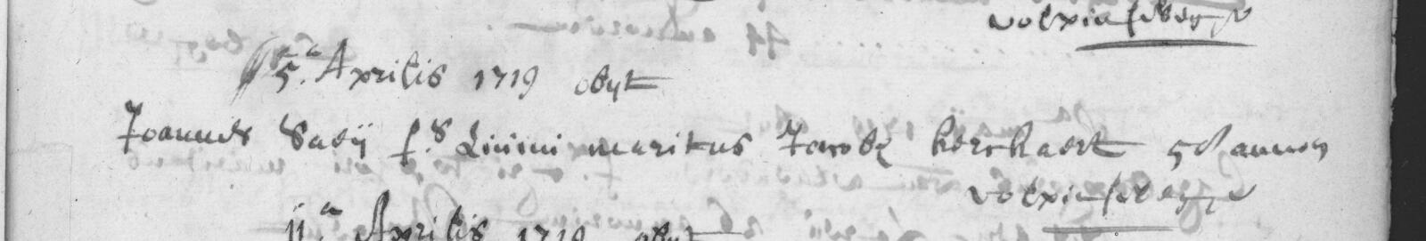 Begrafenis van Joannes Saey, zoon van Livinus, Sleidinge, 5 april 1719
