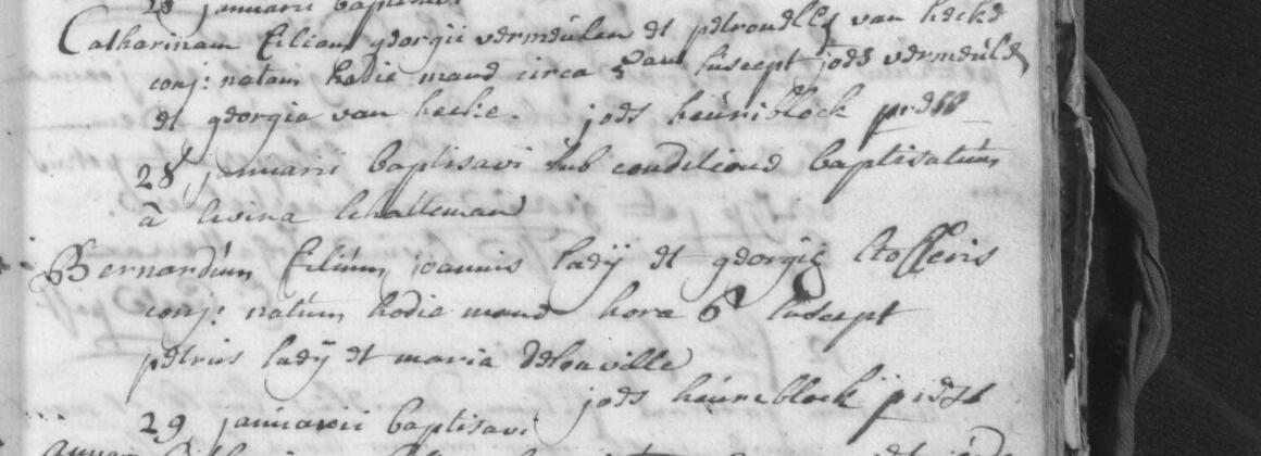 Doop van Bernardus, zoon van Joannes Saey en Georgia Stoffers, Sleidinge, 28 januari 1748