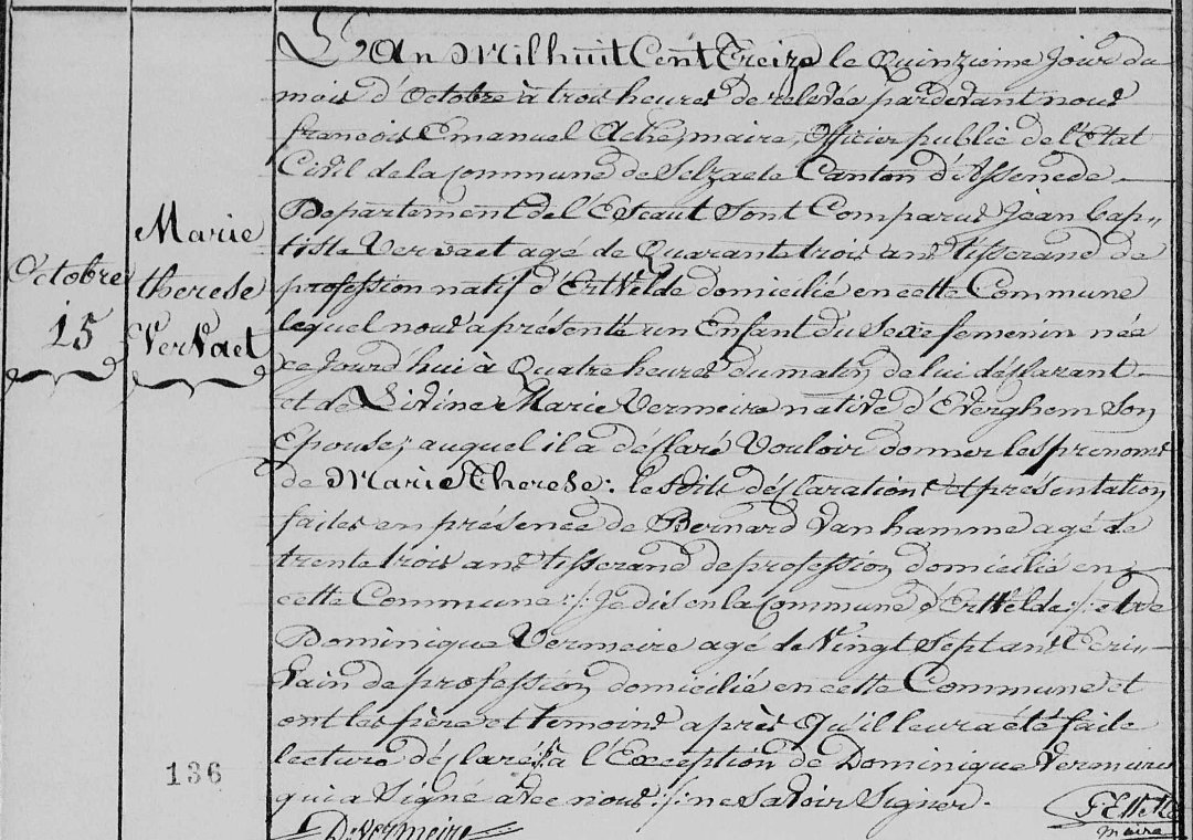 Geboorte van Marie Therese Vervaet, dochter van Jean Baptiste Vervaet, wever, en Livine Marie Vermeire, Zelzate, 15 oktober 1813